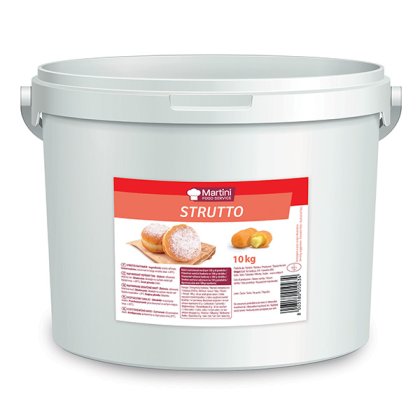 White 10kg bucket of Martini Strutto baking lard with a red label showing powdered sugar donuts and pastries.