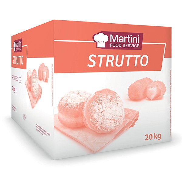 20kg box of Martini Food Service Strutto (lard) showing powdered pastries on a cutting board.