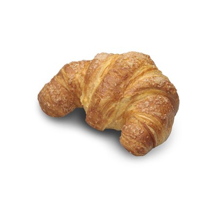 Golden-brown croissant with a flaky, sugar-crusted crust, curved into a crescent shape on a white background.