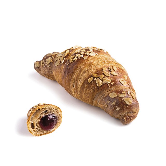 Oat-topped croissant with a smaller piece cut open revealing dark berry jam filling, on a white background.