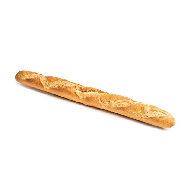 A single French baguette with golden-brown crust and diagonal slashes, placed diagonally on a white background.
