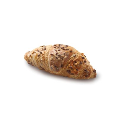 Golden-baked croissant topped with mixed seeds, shown on a plain white background.