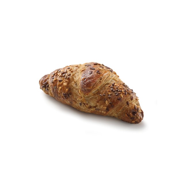 Golden-brown multigrain croissant topped with mixed seeds, photographed on a plain white background.