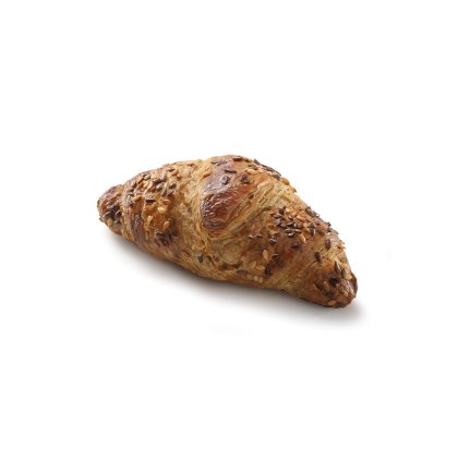 Golden-brown multigrain croissant topped with mixed seeds, photographed on a plain white background.