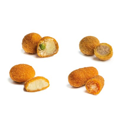 Four breaded fried croquettes, whole and halved, showing different fillings including cheese, meat, and tomato sauce.