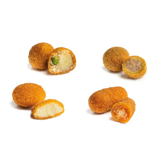 Four breaded fried croquettes, whole and halved, showing different fillings including cheese, meat, and tomato sauce.