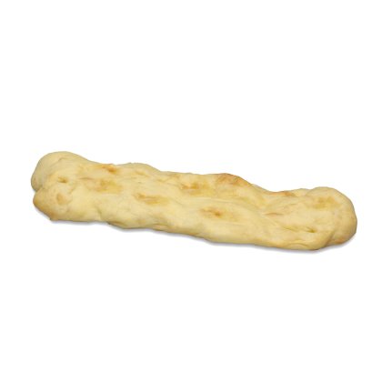 Long soft baguette-style bread loaf with a pale golden crust, lying diagonally on a white background.