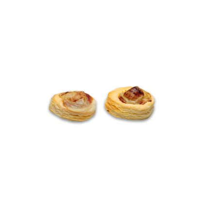 Two round puff pastry cups with golden flaky layers and a savory filling, on a white background.