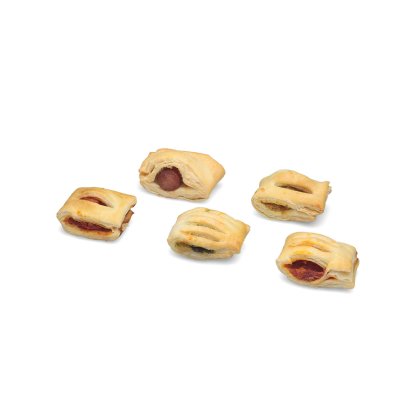 Five baked puff pastry rolls with visible fillings, including sausage and jam, arranged on a white background.
