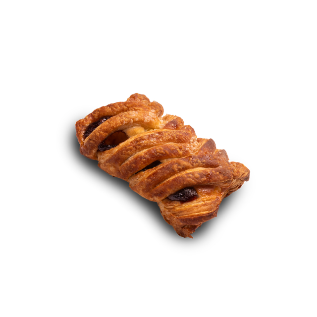 Golden puff pastry braid with dark fruit filling peeking through, isolated on a white background.