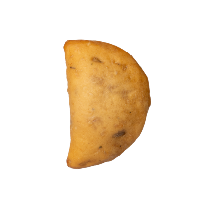 Golden-brown half-moon shaped fried pastry or samosa on a white background.