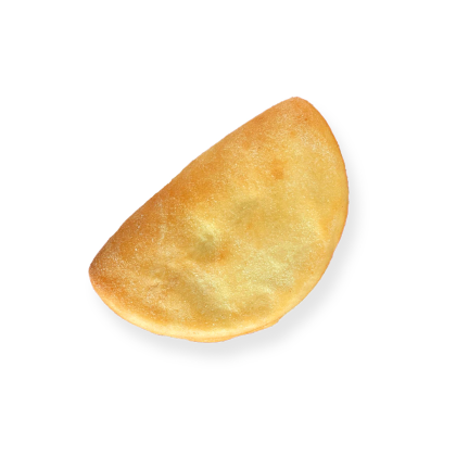 A golden-brown baked empanada with crimped edge, isolated on a white background.