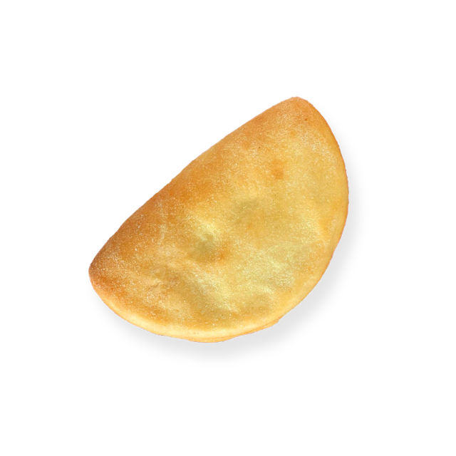 A golden-brown baked empanada with crimped edge, isolated on a white background.