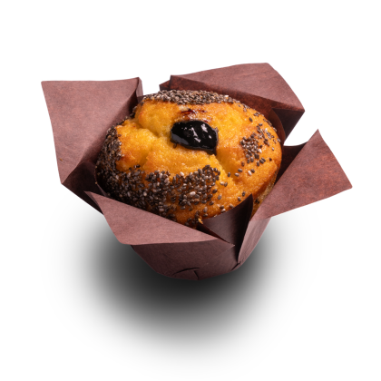 Golden muffin with chia seed edges and a dollop of dark jam on top, wrapped in a brown paper liner on a white backgro...