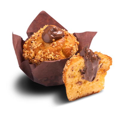Hazelnut-crusted muffin in brown paper wrap, topped with chocolate hazelnut spread, next to a halved slice showing th...