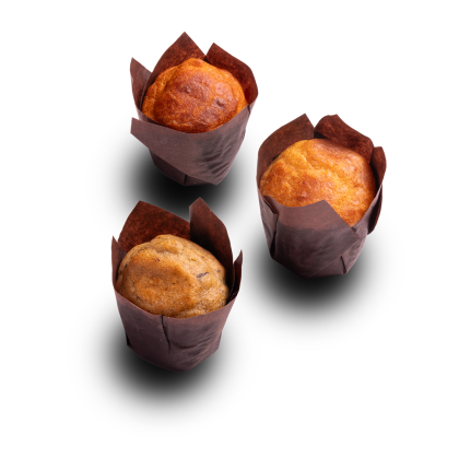 Three muffins in brown tulip paper wrappers, arranged on a white background, two golden and one darker variety.
