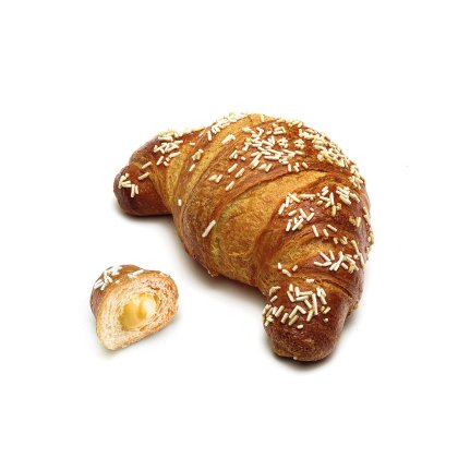 Golden croissant topped with white sprinkles, with a smaller piece cut open revealing creamy vanilla filling.