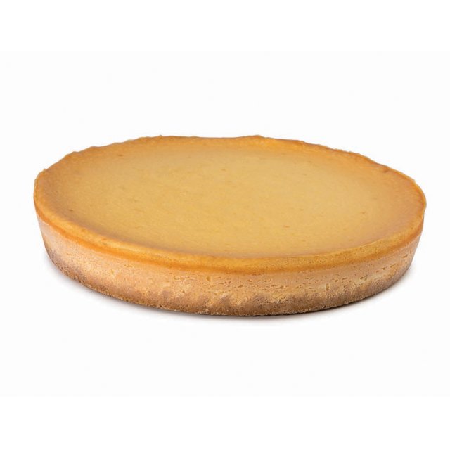 Round baked cheesecake with golden-brown crust and smooth pale yellow filling, shown on a plain white background.