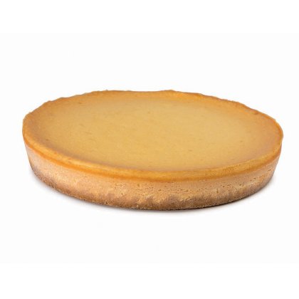 Round baked cheesecake with golden-brown crust and smooth pale yellow filling, shown on a plain white background.