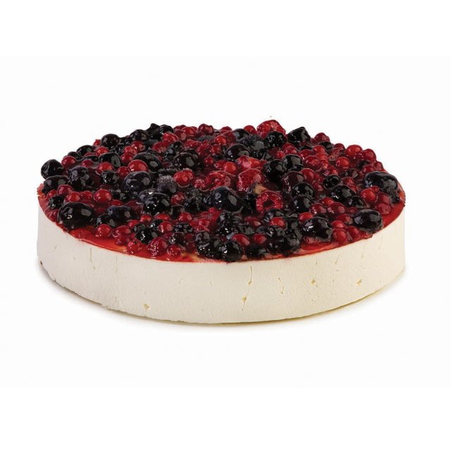 Round cheesecake topped with mixed berries including red currants, raspberries, and blueberries, on a white background.