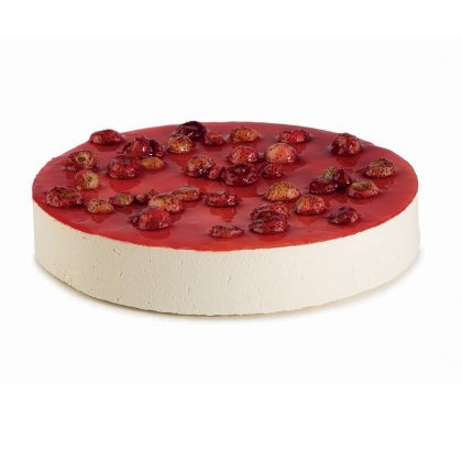 Round cheesecake topped with glossy red glaze and mixed berries, sliced side visible, on a white background.