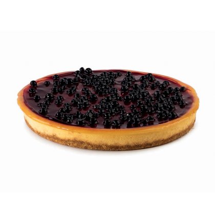 Round blueberry cheesecake with a golden crust, topped with glossy dark berry compote, on a white background.