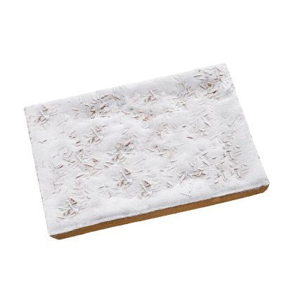 Rectangular cookie bar with tan base, topped with powdered sugar and slivered almond pieces.