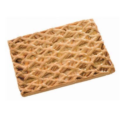 Rectangular pastry tart with a golden lattice crust top and fruit filling visible underneath, on a white background.