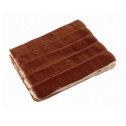 Rectangular tiramisu slice dusted with cocoa powder in horizontal stripes, layered with cream filling, on a white bac...