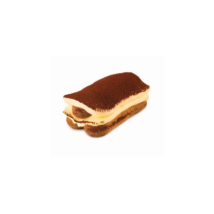 Rectangular tiramisu slice with layered ladyfingers and cream, dusted with cocoa powder on top, isolated on white bac...