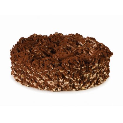 Round chocolate cake covered in crumbled cookie pieces and dusted with cocoa powder, on a white background.
