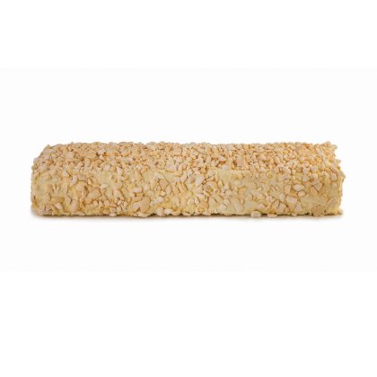 Rectangular nougat bar coated in crushed almonds, set against a plain white background.