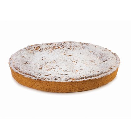 Round tart with golden crust, topped with sliced almonds and dusted with powdered sugar, on a white background.