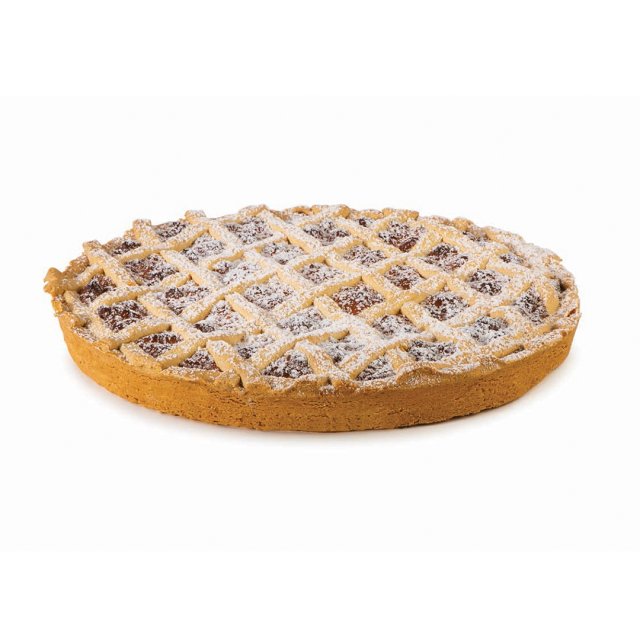 Round jam tart with a golden lattice crust dusted with powdered sugar, revealing fruit filling underneath.