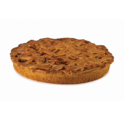 Round pie with a lattice crust top and golden-brown baked crust, set against a white background.