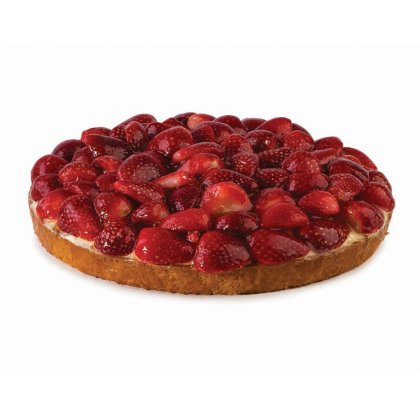 Round tart with a golden pastry crust topped with glossy glazed whole strawberries, on a white background.