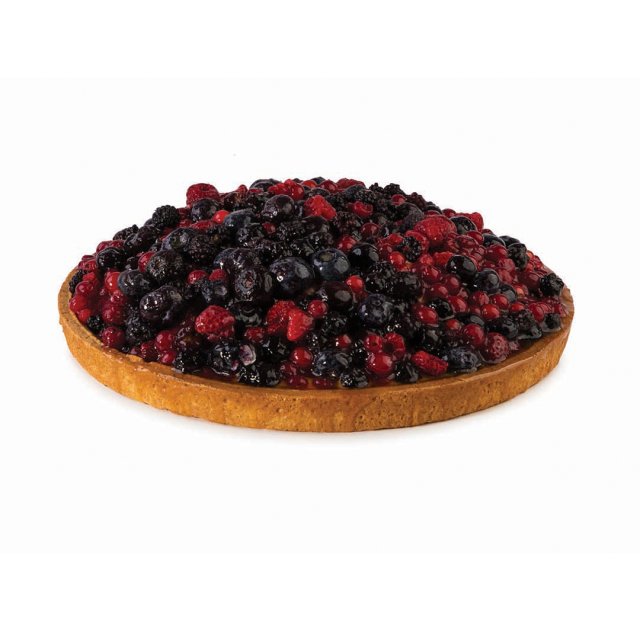 Round tart with a golden pastry crust piled high with glossy mixed berries, including blueberries, raspberries, and b...