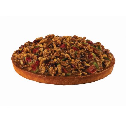 Round tart topped with candied walnuts, sliced strawberries, and kiwi pieces glazed in caramel, on a white background.