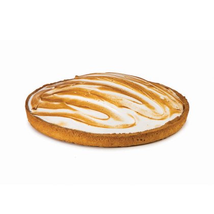 Round tart with golden pastry crust topped with swirled, torched meringue on a white background.