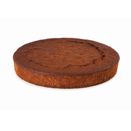 A round, unfrosted dark brown sponge cake with a cracked top, shown on a plain white background.