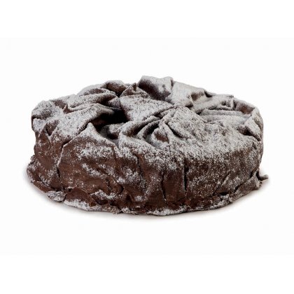 Round chocolate cake with a crinkled, torn-looking dark chocolate surface dusted heavily with powdered sugar, on a wh...