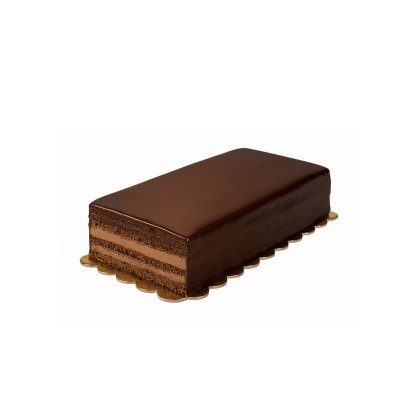 Rectangular layered chocolate cake with glossy dark chocolate glaze, sitting on a scalloped gold cake board.