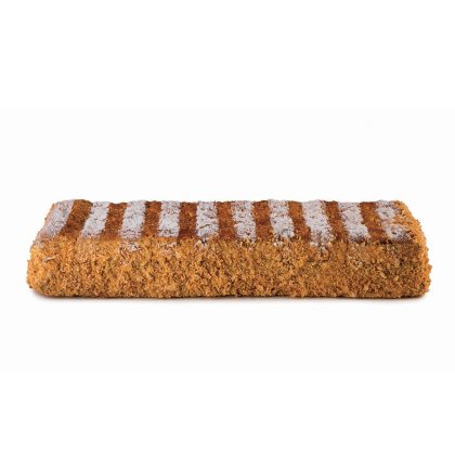 Rectangular breaded pastry bar with powdered sugar stripes on top, set against a white background.