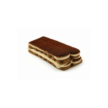 Rectangular tiramisu slice with layered ladyfingers and cream, dusted with cocoa powder, on a white background.