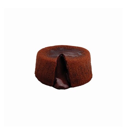 Small round chocolate lava cake with a split top oozing warm molten chocolate filling, set against a white background.