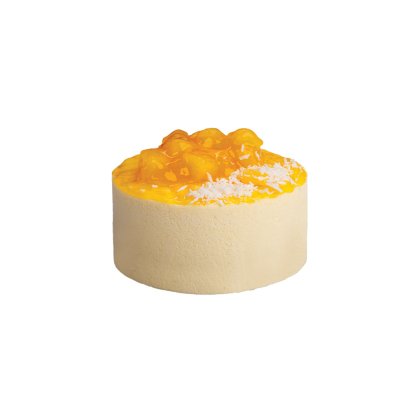 Round mango mousse cake with glossy orange fruit topping and coconut flakes on a smooth cream-colored base.
