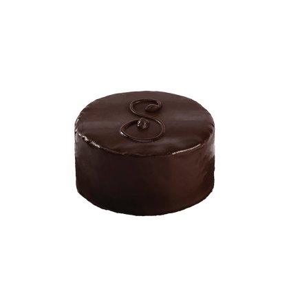 Round chocolate cake with glossy dark ganache coating and a decorative script letter piped on top, set against a whit...