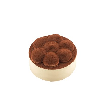 Round tiramisu cake with cream-colored sides, topped with cocoa powder-dusted mounds arranged in a flower pattern.