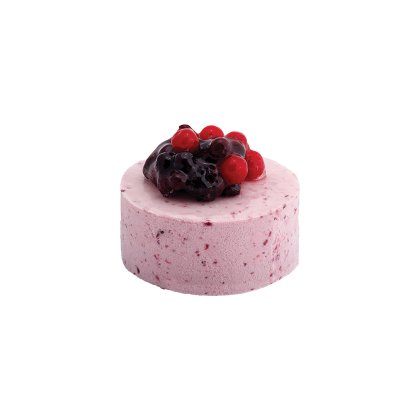 Round mousse cake with speckled pink berry exterior, topped with glazed mixed berries including red currants and blac...