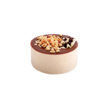 Round cake with beige frosted sides, chocolate ganache top, chopped nuts, and white and dark chocolate decorations on...